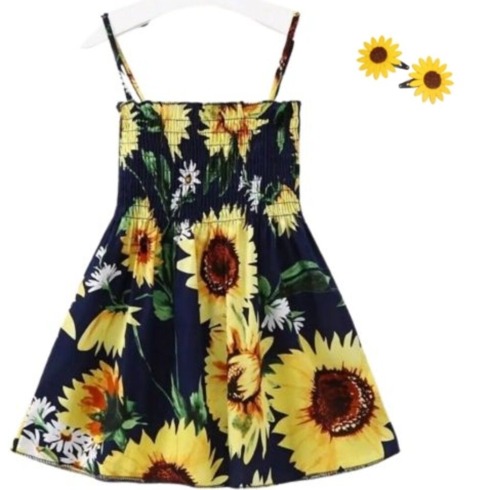 Girls Navy Sunflower Sun Dress with Hair Clips 2T 3T 4T  5T 6 NEW
